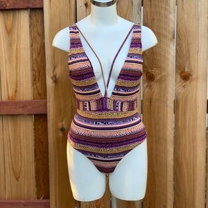 Map Women’s Sexy One Piece Cleavage Swimsuit Sz Sm / Ch